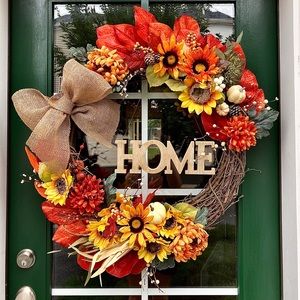 Handmade Fall Wreath with hanging Home Sign